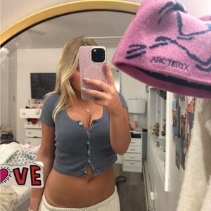 Ribbed Button-Front Crop Top in Slate Blue